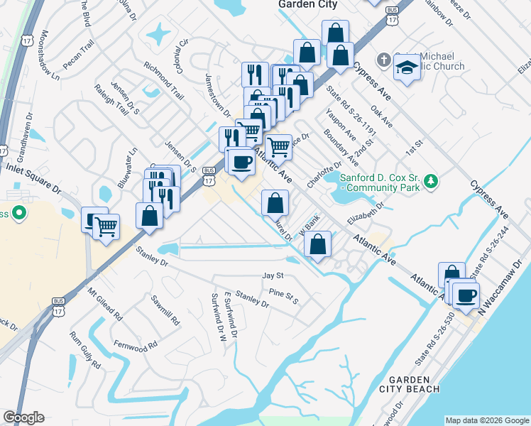 map of restaurants, bars, coffee shops, grocery stores, and more near 601 Live Oak Drive in Murrells Inlet