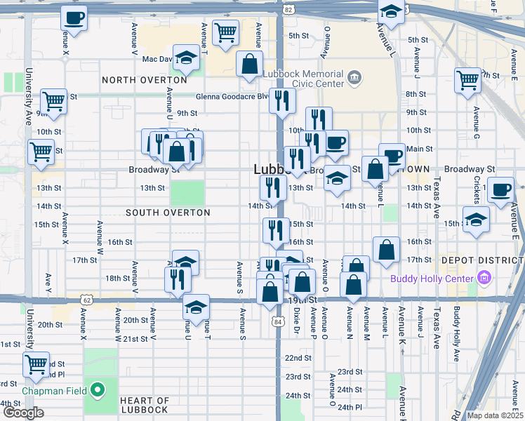 map of restaurants, bars, coffee shops, grocery stores, and more near 1708 15th Street in Lubbock