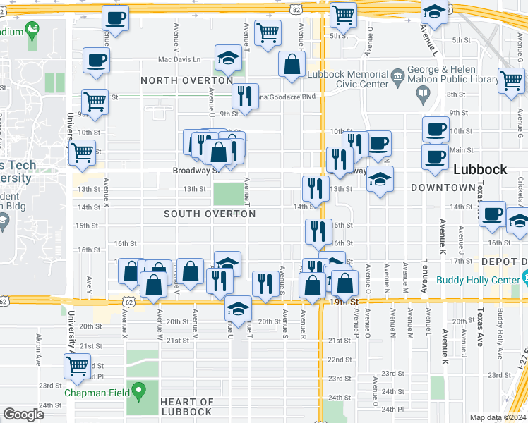 map of restaurants, bars, coffee shops, grocery stores, and more near 1916 15th Street in Lubbock