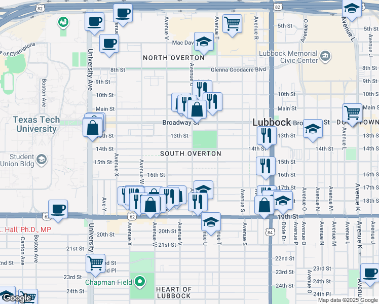 map of restaurants, bars, coffee shops, grocery stores, and more near 2123 15th Street in Lubbock