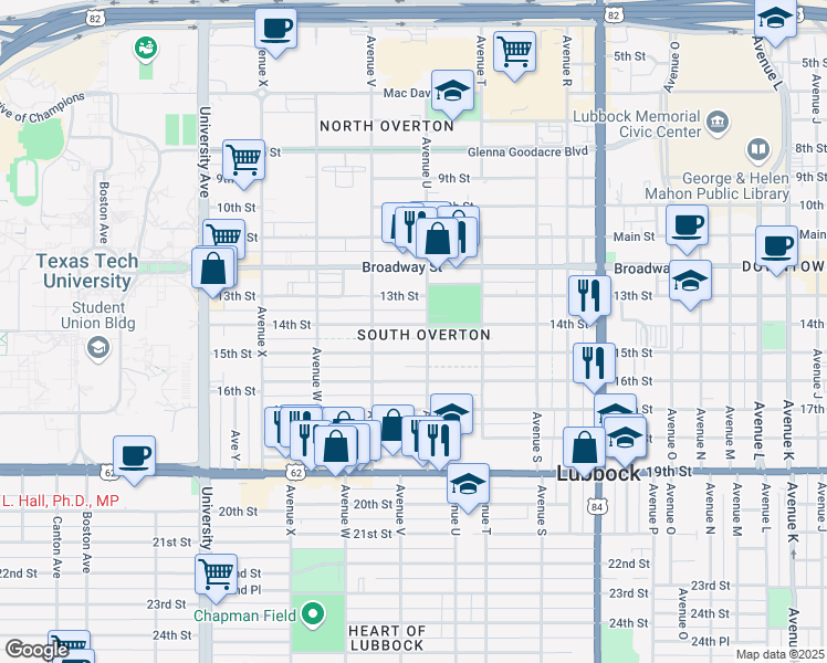 map of restaurants, bars, coffee shops, grocery stores, and more near 2123 15th Street in Lubbock