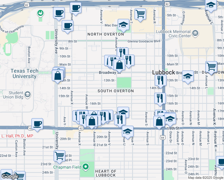 map of restaurants, bars, coffee shops, grocery stores, and more near 2123 15th Street in Lubbock