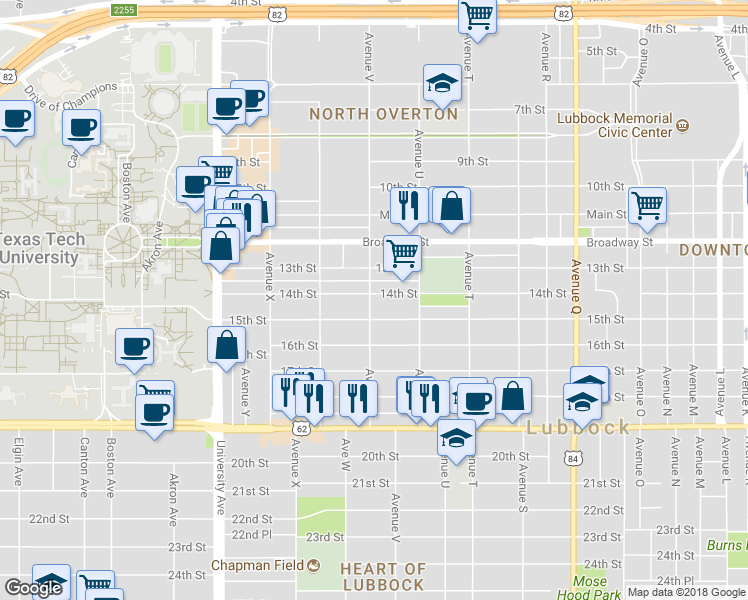 map of restaurants, bars, coffee shops, grocery stores, and more near 2118 15th Street in Lubbock