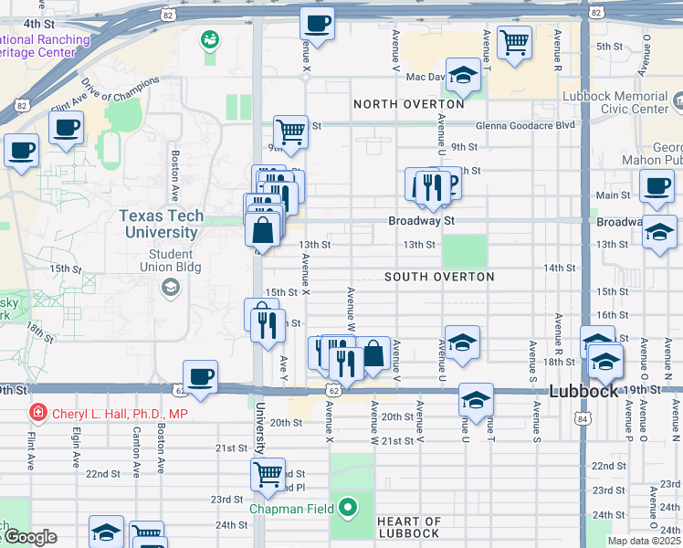 map of restaurants, bars, coffee shops, grocery stores, and more near 2304 15th Street in Lubbock