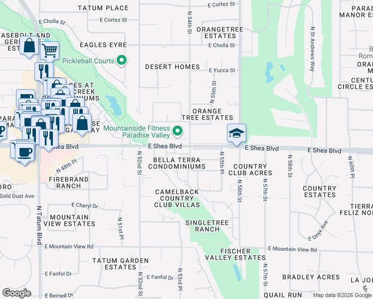 map of restaurants, bars, coffee shops, grocery stores, and more near 5410 East Cannon Drive in Paradise Valley
