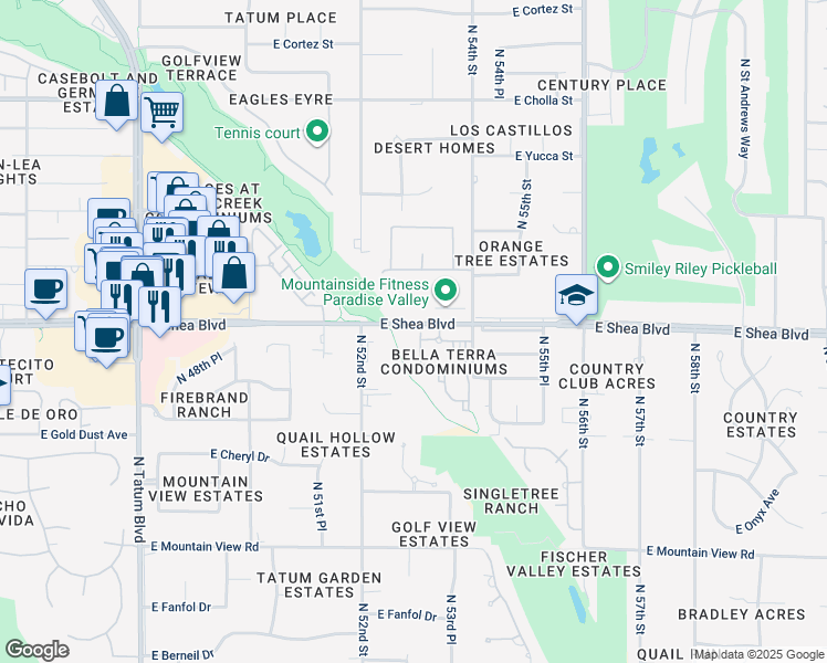 map of restaurants, bars, coffee shops, grocery stores, and more near 5249 East Shea Boulevard in Scottsdale