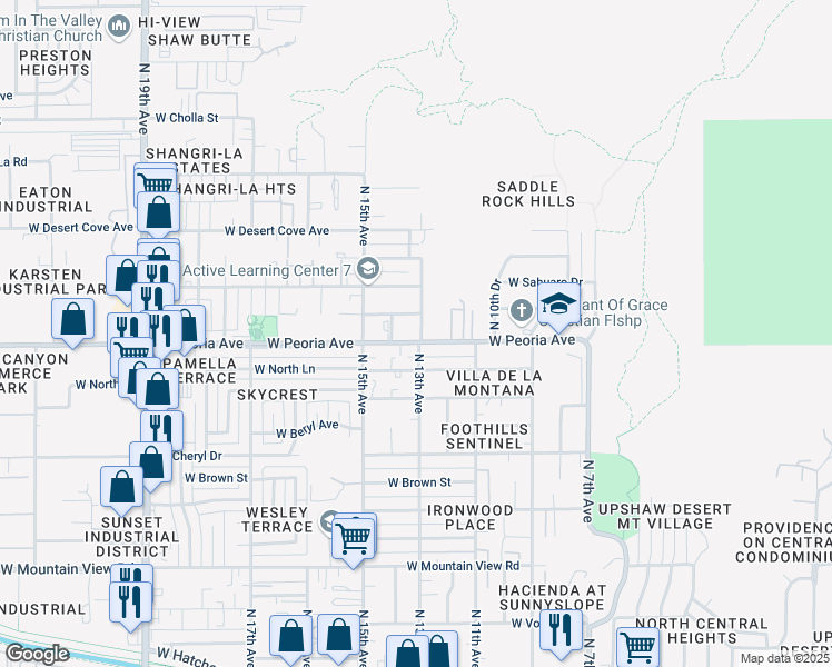 map of restaurants, bars, coffee shops, grocery stores, and more near 1147 West Peoria Avenue in Phoenix