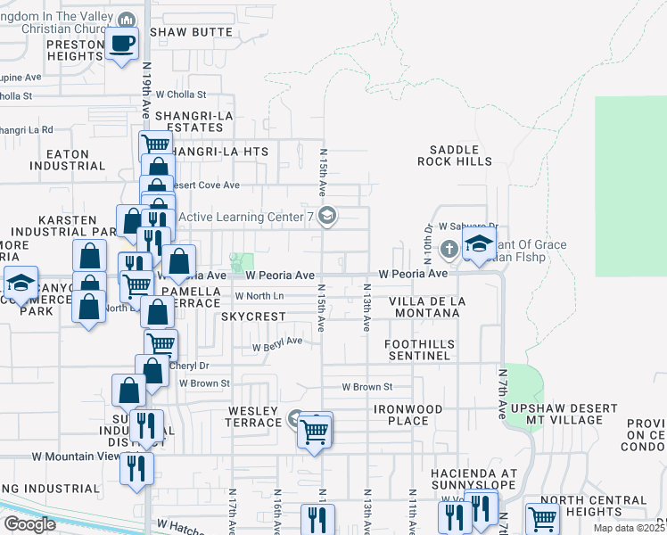 map of restaurants, bars, coffee shops, grocery stores, and more near 1421 West Peoria Avenue in Phoenix