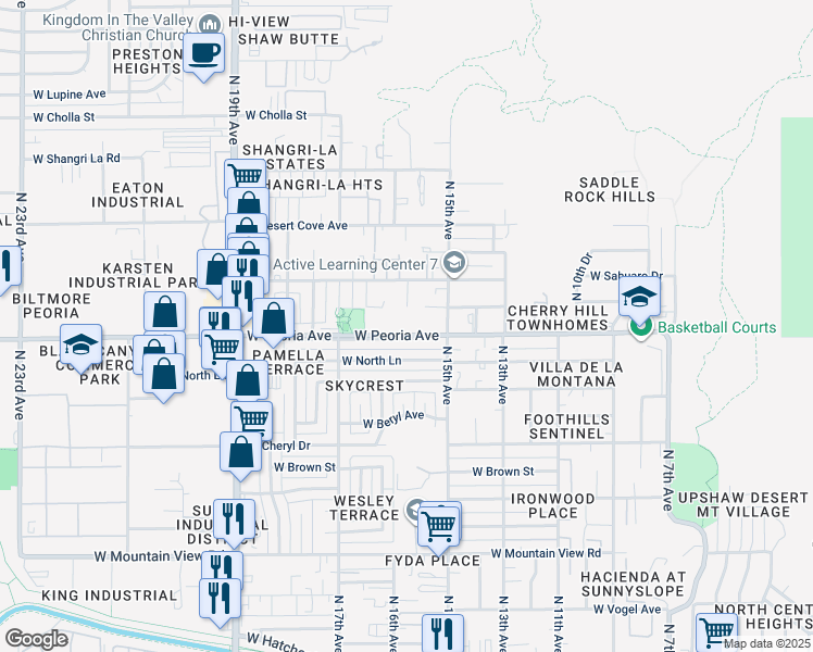 map of restaurants, bars, coffee shops, grocery stores, and more near 1555 West Peoria Avenue in Phoenix