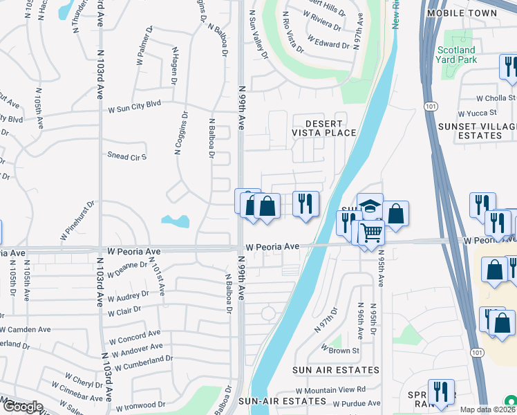 map of restaurants, bars, coffee shops, grocery stores, and more near 10689 North 99th Avenue in Peoria