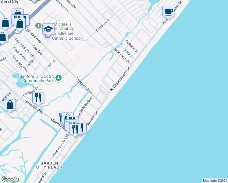 map of restaurants, bars, coffee shops, grocery stores, and more near 302 Anglers Drive in Murrells Inlet