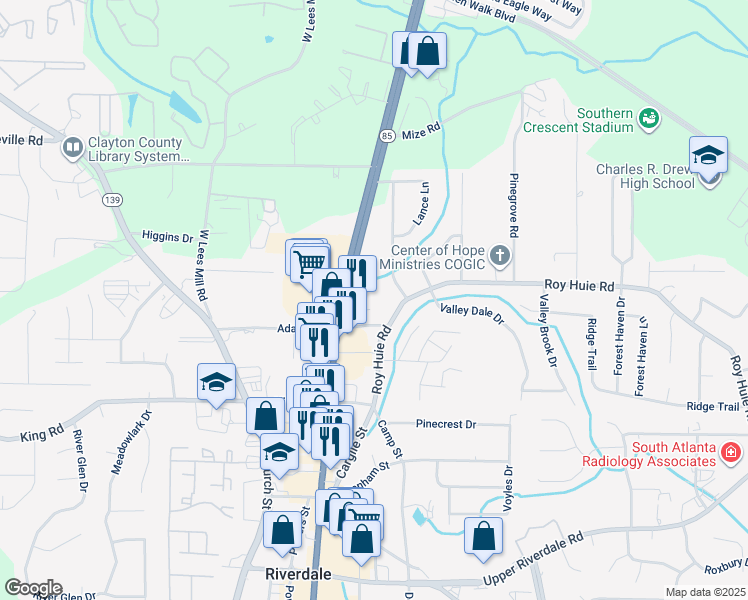 map of restaurants, bars, coffee shops, grocery stores, and more near 609 Allen Drive in Riverdale