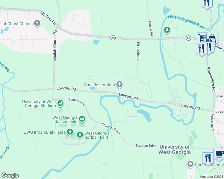 map of restaurants, bars, coffee shops, grocery stores, and more near 1255 Lovvorn Road in Carrollton
