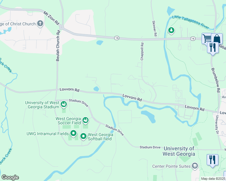 map of restaurants, bars, coffee shops, grocery stores, and more near 1255 Lovvorn Road in Carrollton