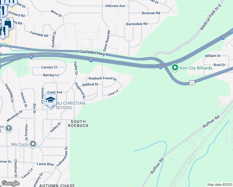 map of restaurants, bars, coffee shops, grocery stores, and more near 633 Lisa Lane in Birmingham