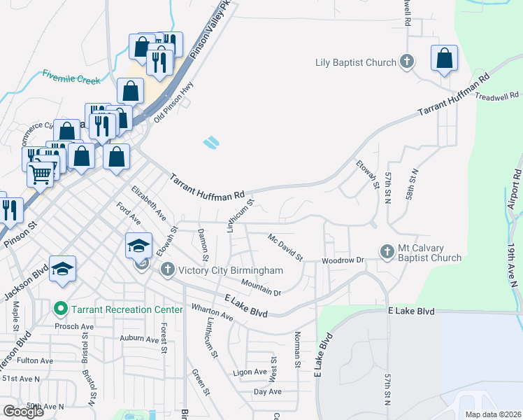 map of restaurants, bars, coffee shops, grocery stores, and more near 2036 Etowah Street in Birmingham