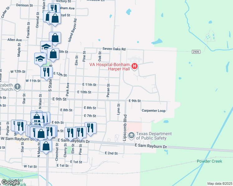 map of restaurants, bars, coffee shops, grocery stores, and more near 901 Lynn Street in Bonham