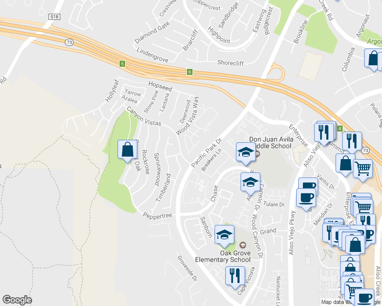 map of restaurants, bars, coffee shops, grocery stores, and more near 34 Iron Bark in Aliso Viejo