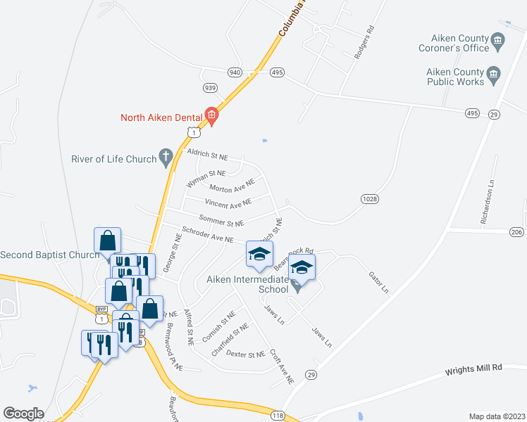map of restaurants, bars, coffee shops, grocery stores, and more near 792 Sommer Street Northeast in Aiken