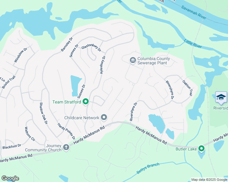 map of restaurants, bars, coffee shops, grocery stores, and more near 4464 Andover Drive in Evans