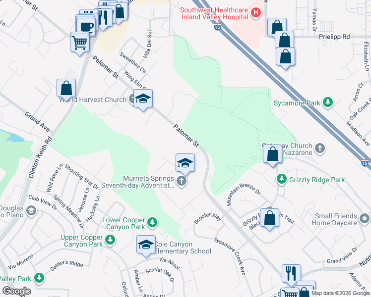 map of restaurants, bars, coffee shops, grocery stores, and more near 23311 Copa De Oro Court in Murrieta