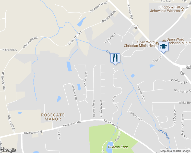 map of restaurants, bars, coffee shops, grocery stores, and more near 581 Mary Erna Drive in Fairburn
