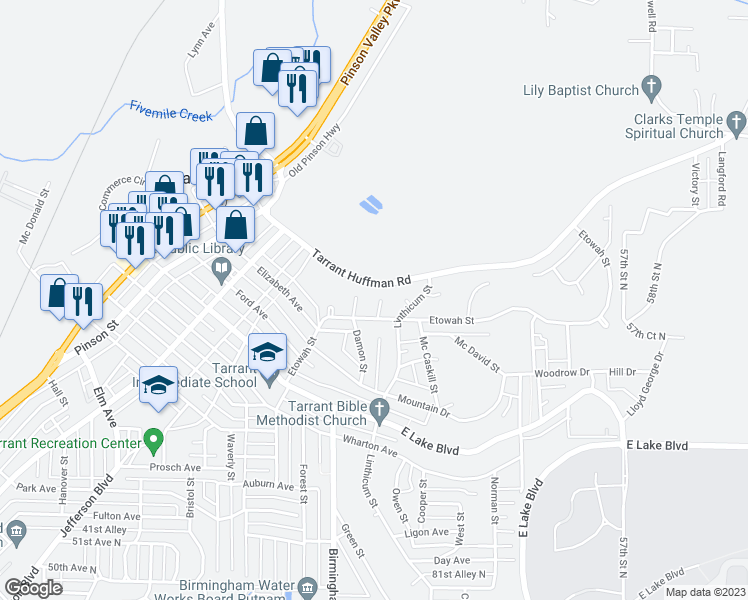 map of restaurants, bars, coffee shops, grocery stores, and more near 1808 Etowah Circle in Birmingham