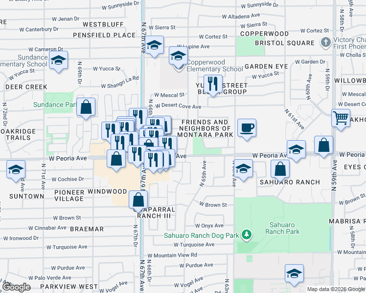 map of restaurants, bars, coffee shops, grocery stores, and more near 6521 West Becker Lane in Glendale
