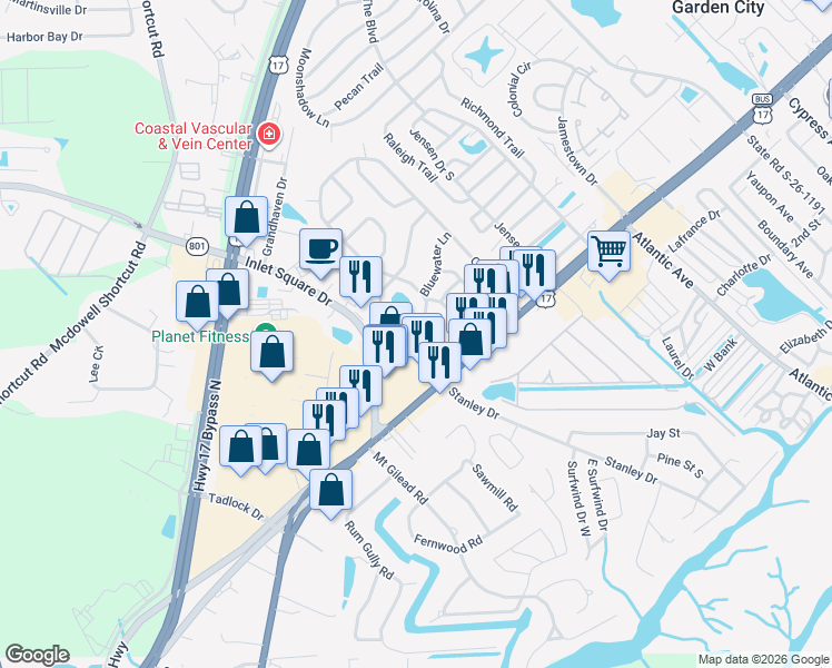 map of restaurants, bars, coffee shops, grocery stores, and more near 3050 U.S. 17 Business in Murrells Inlet