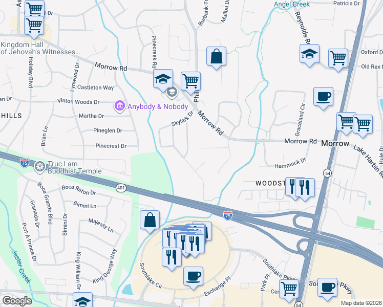 map of restaurants, bars, coffee shops, grocery stores, and more near 1224 Dove Court in Morrow