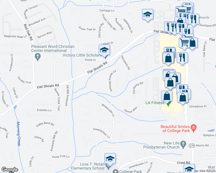 map of restaurants, bars, coffee shops, grocery stores, and more near 6415 Emerald Pointe Circle in College Park
