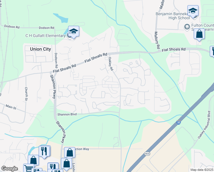 map of restaurants, bars, coffee shops, grocery stores, and more near 5225 Oakley Commons Boulevard in Union City