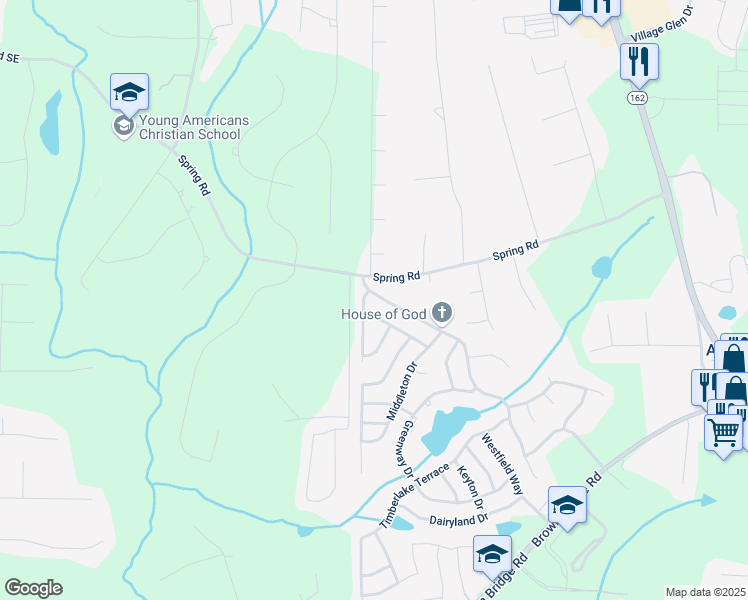map of restaurants, bars, coffee shops, grocery stores, and more near 35 Spring Lake Terrace in Covington