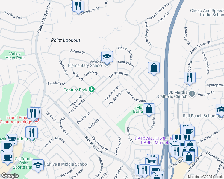 map of restaurants, bars, coffee shops, grocery stores, and more near 39594 Calle Azucar in Murrieta