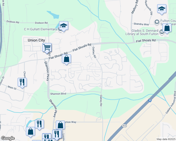 map of restaurants, bars, coffee shops, grocery stores, and more near 5285 Oakley Commons Boulevard in Union City