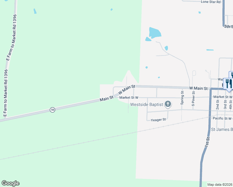 map of restaurants, bars, coffee shops, grocery stores, and more near 1492 West Main Street in Honey Grove