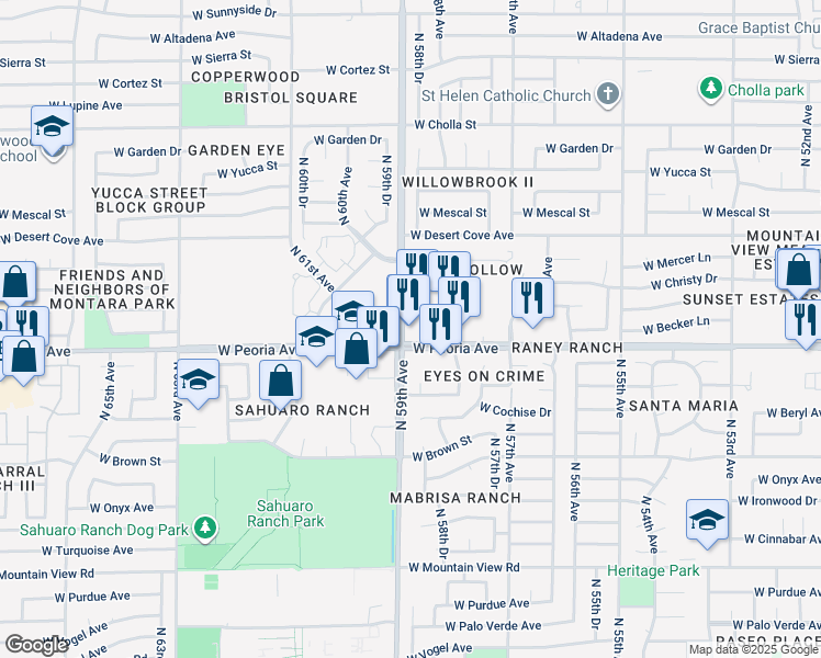map of restaurants, bars, coffee shops, grocery stores, and more near 5880 West Peoria Avenue in Glendale