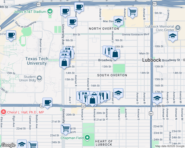 map of restaurants, bars, coffee shops, grocery stores, and more near 2210 15th Street in Lubbock