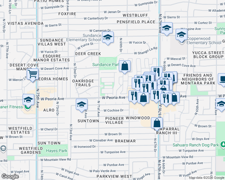 map of restaurants, bars, coffee shops, grocery stores, and more near 10643 North 70th Avenue in Peoria