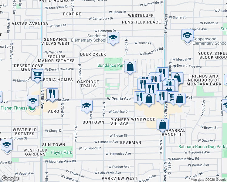 map of restaurants, bars, coffee shops, grocery stores, and more near 10642 North 70th Drive in Peoria