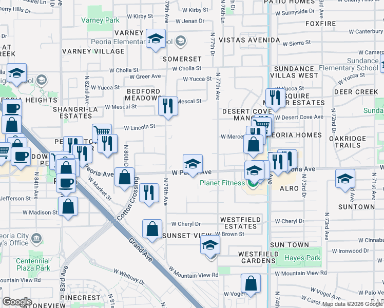 map of restaurants, bars, coffee shops, grocery stores, and more near 7810 West Peoria Avenue in Peoria