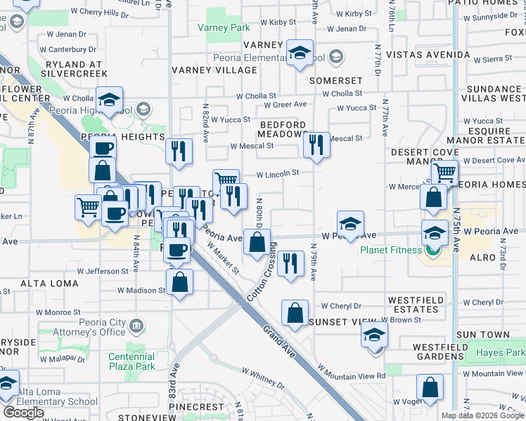 map of restaurants, bars, coffee shops, grocery stores, and more near 10713 North 80th Lane in Peoria