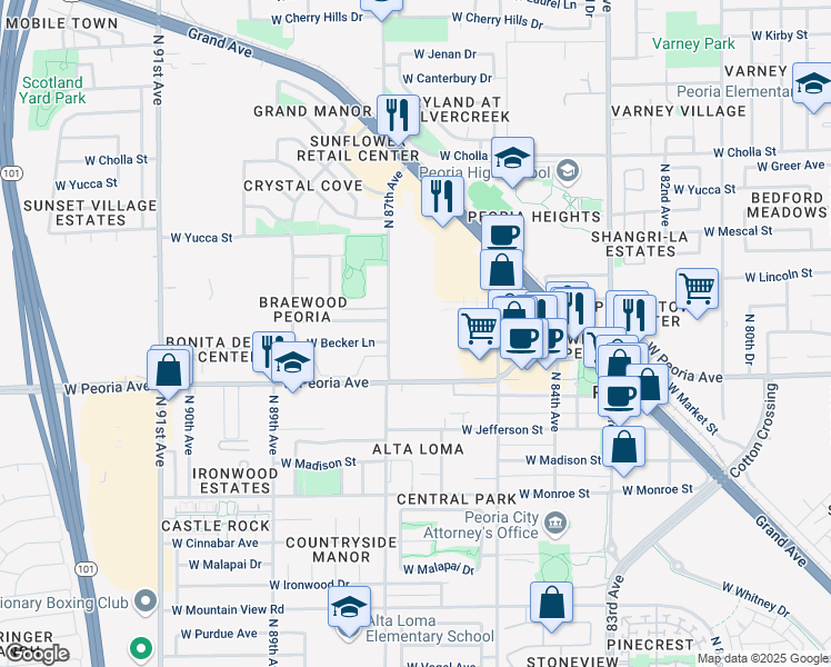 map of restaurants, bars, coffee shops, grocery stores, and more near 8650 West Peoria Avenue in Peoria