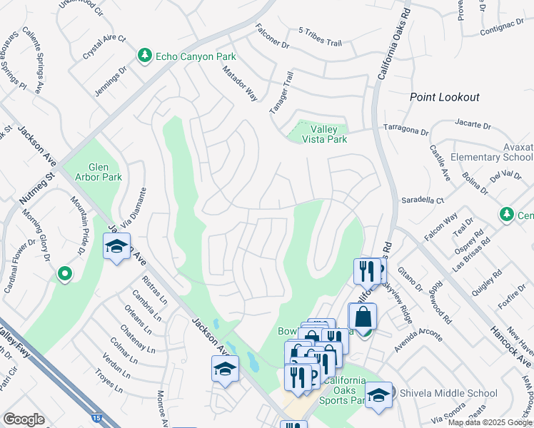 map of restaurants, bars, coffee shops, grocery stores, and more near 40332 Vía Siena in Murrieta