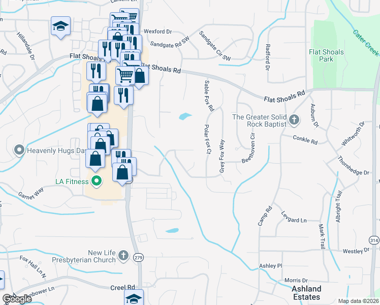 map of restaurants, bars, coffee shops, grocery stores, and more near 2184 Crossrail Drive in Atlanta