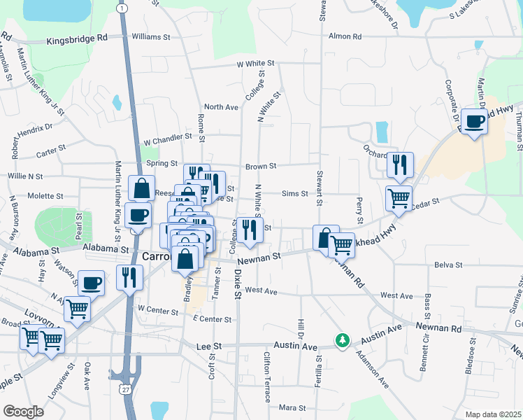 map of restaurants, bars, coffee shops, grocery stores, and more near 306 North White Street in Carrollton