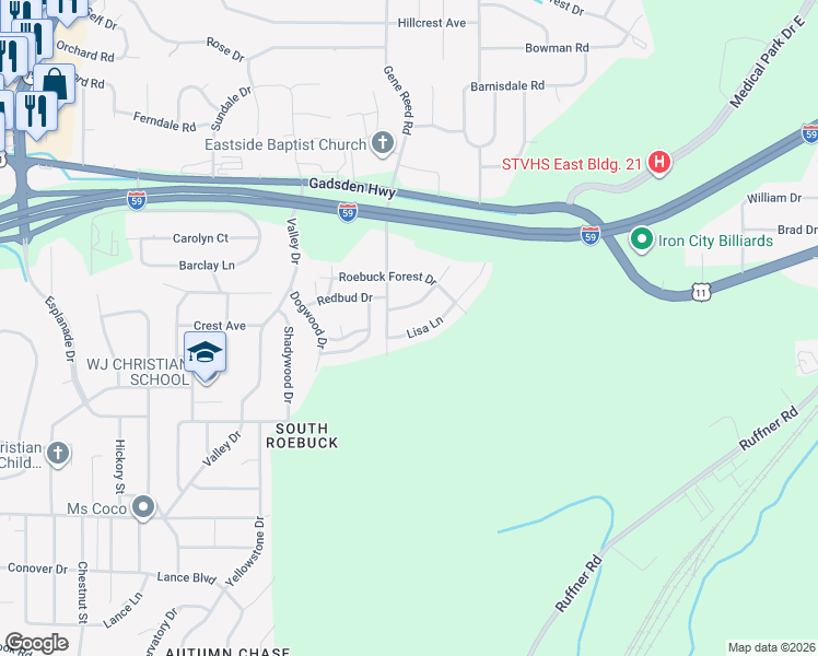 map of restaurants, bars, coffee shops, grocery stores, and more near 613 Lisa Lane in Birmingham