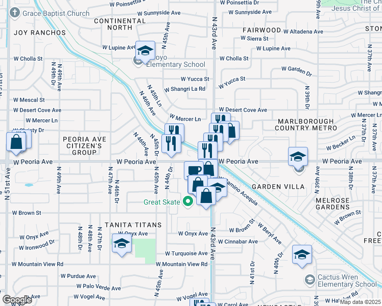 map of restaurants, bars, coffee shops, grocery stores, and more near 4432 W Peoria Ave in Glendale