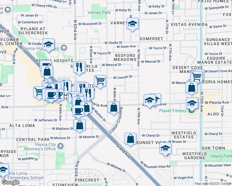 map of restaurants, bars, coffee shops, grocery stores, and more near 10719 North 80th Drive in Peoria