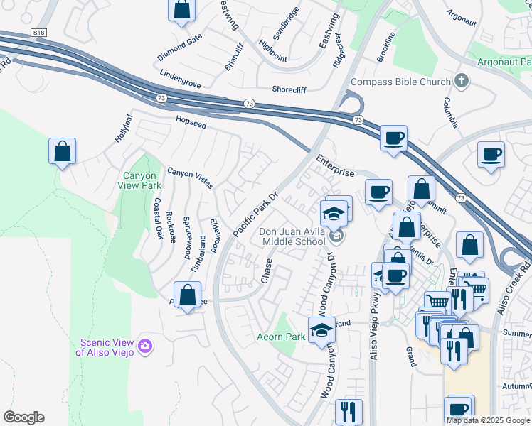 map of restaurants, bars, coffee shops, grocery stores, and more near 17 Breakers Lane in Aliso Viejo